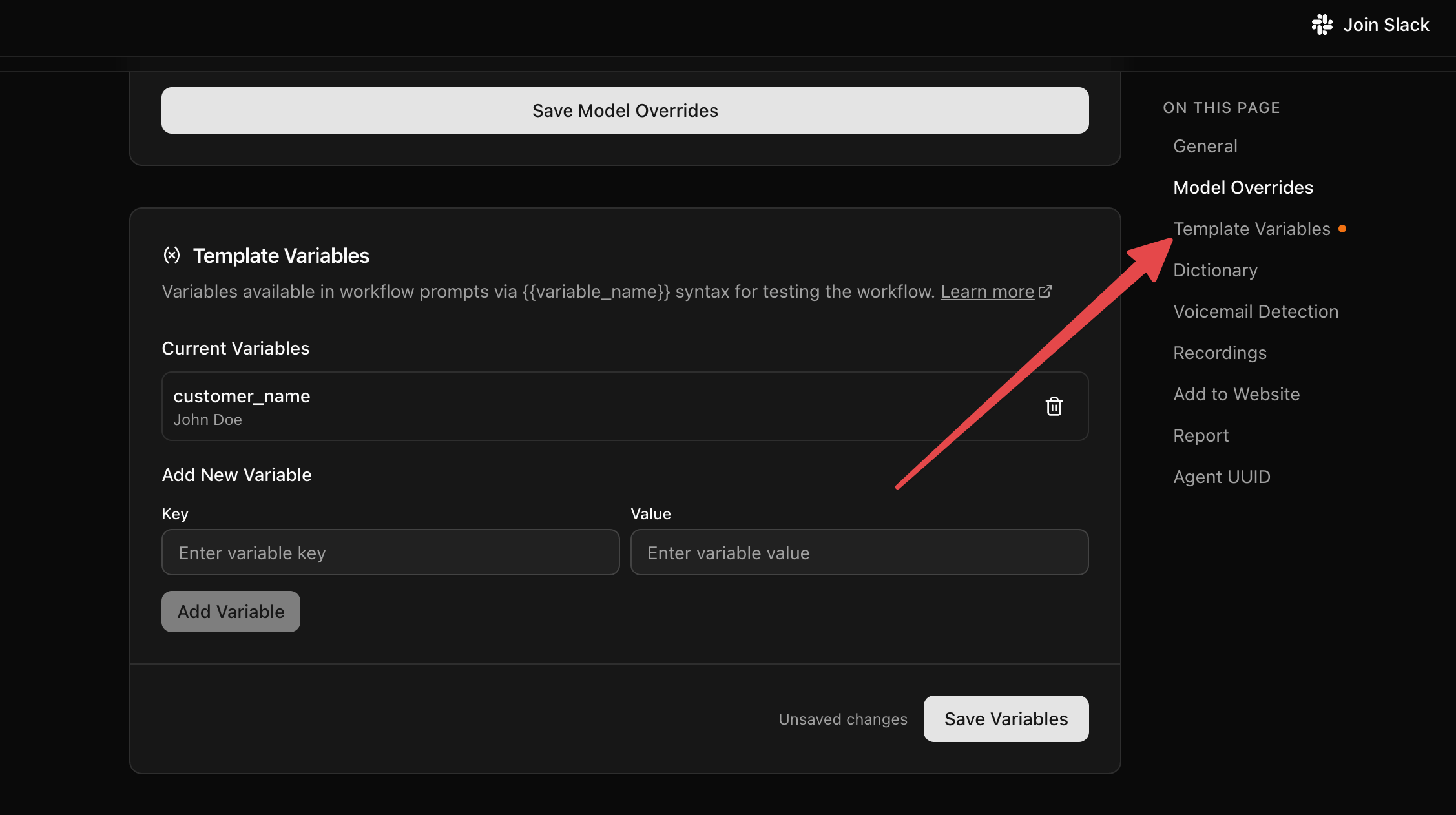 Template Variables panel in workflow Settings, showing a customer_name variable and fields to add new key/value pairs