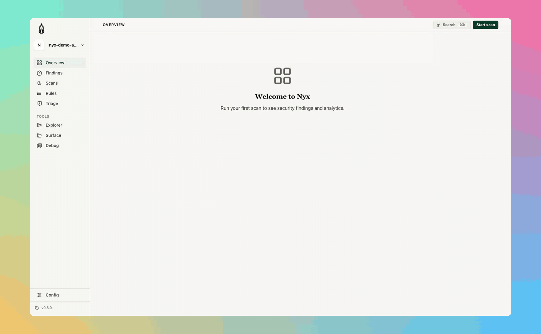 Nyx UI walkthrough: empty Welcome state, kicking off a scan, the populated overview with Health Score, drilling into a HIGH finding's flow visualizer, then the triage flow