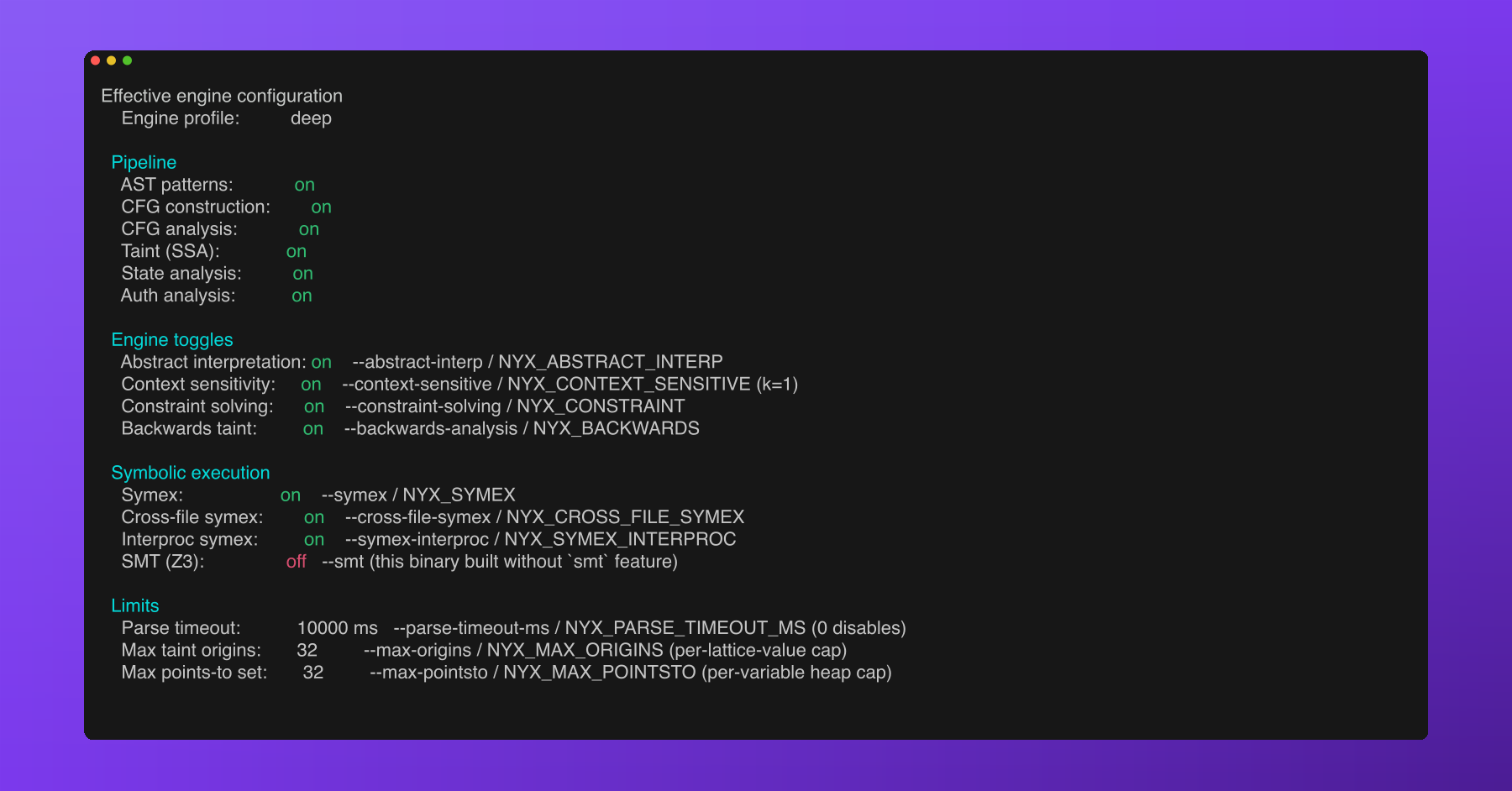nyx scan --engine-profile deep --explain-engine output: resolved config showing every analysis pass, its current state, and the CLI flag/env var that controls it