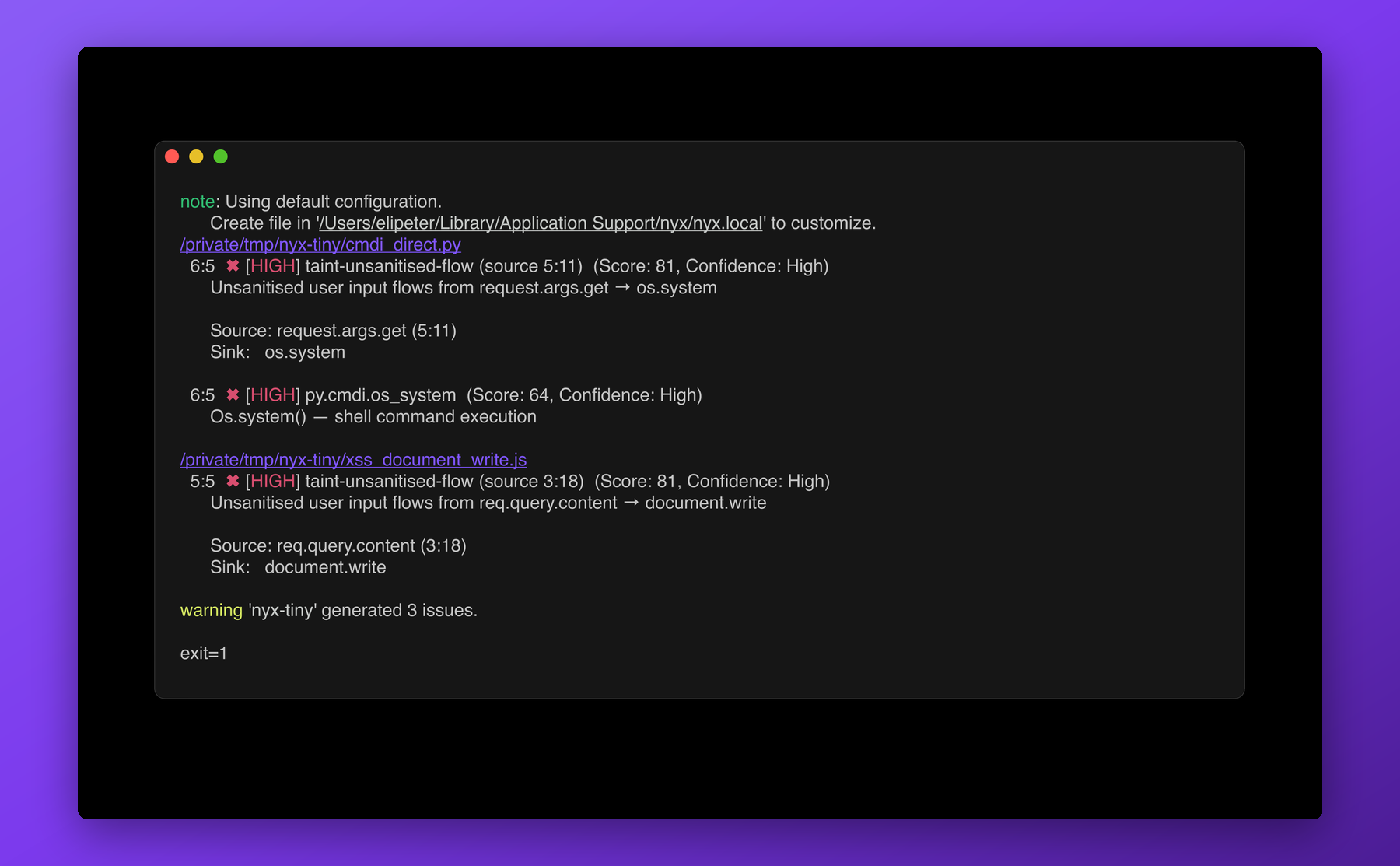nyx scan with --fail-on HIGH against a small fixture: three HIGH taint findings printed, followed by exit=1 from the shell