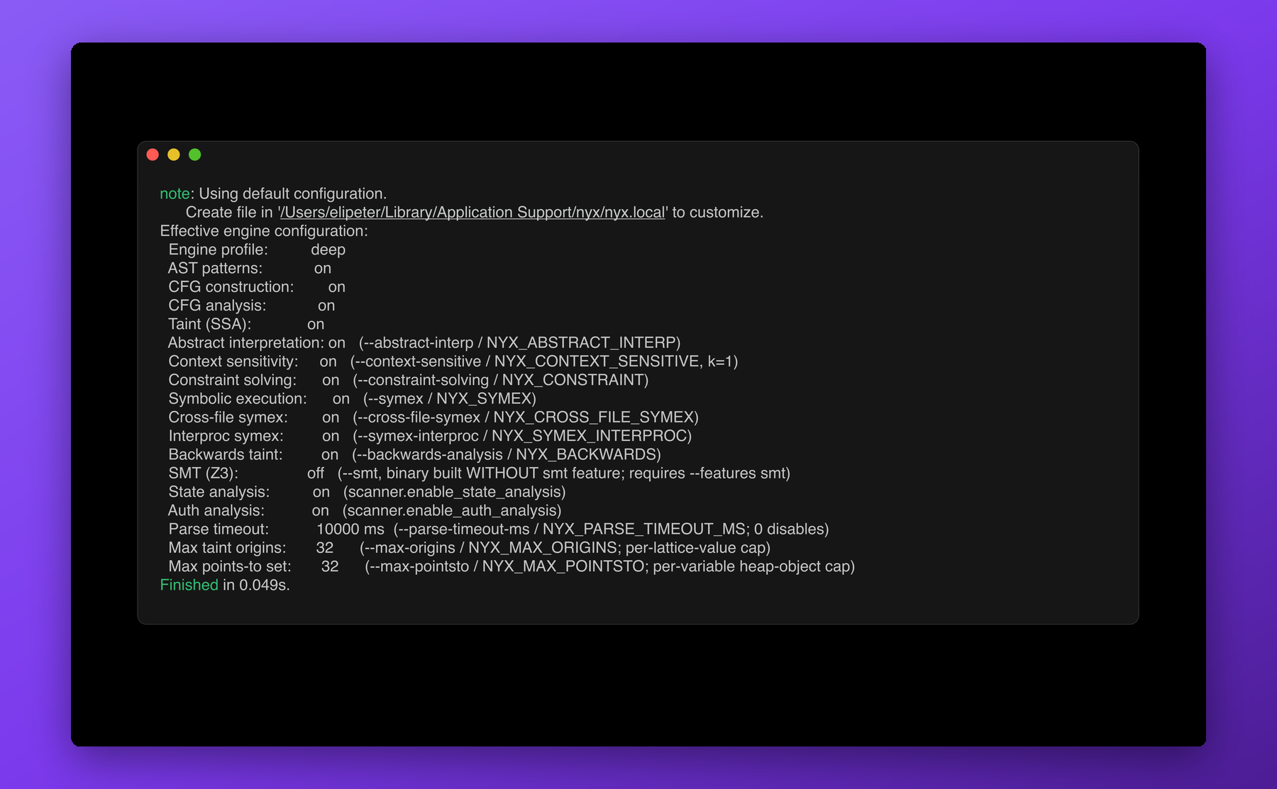 nyx scan --engine-profile deep --explain-engine output: resolved config showing every analysis pass, its current state, and the CLI flag/env var that controls it