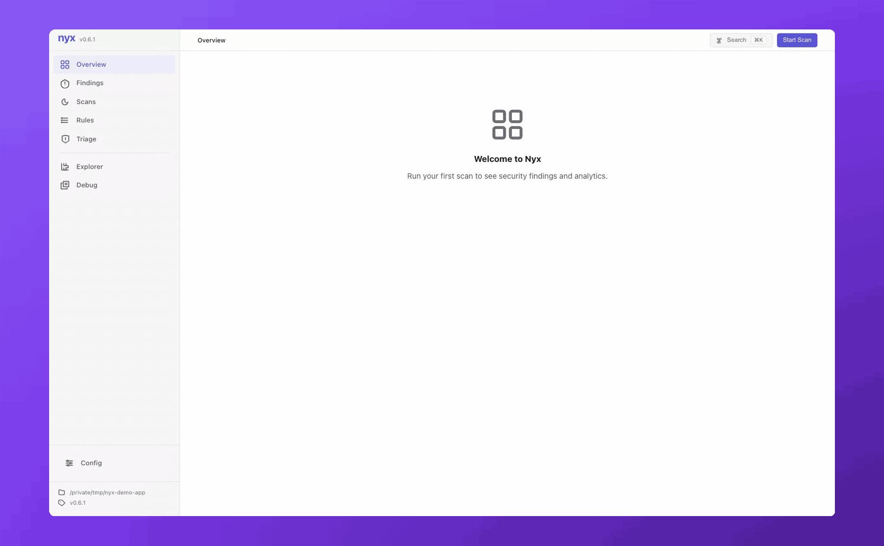 Nyx UI walkthrough: empty Welcome state, kicking off a scan, the populated overview with Health Score, drilling into a HIGH finding's flow visualizer, then the triage flow