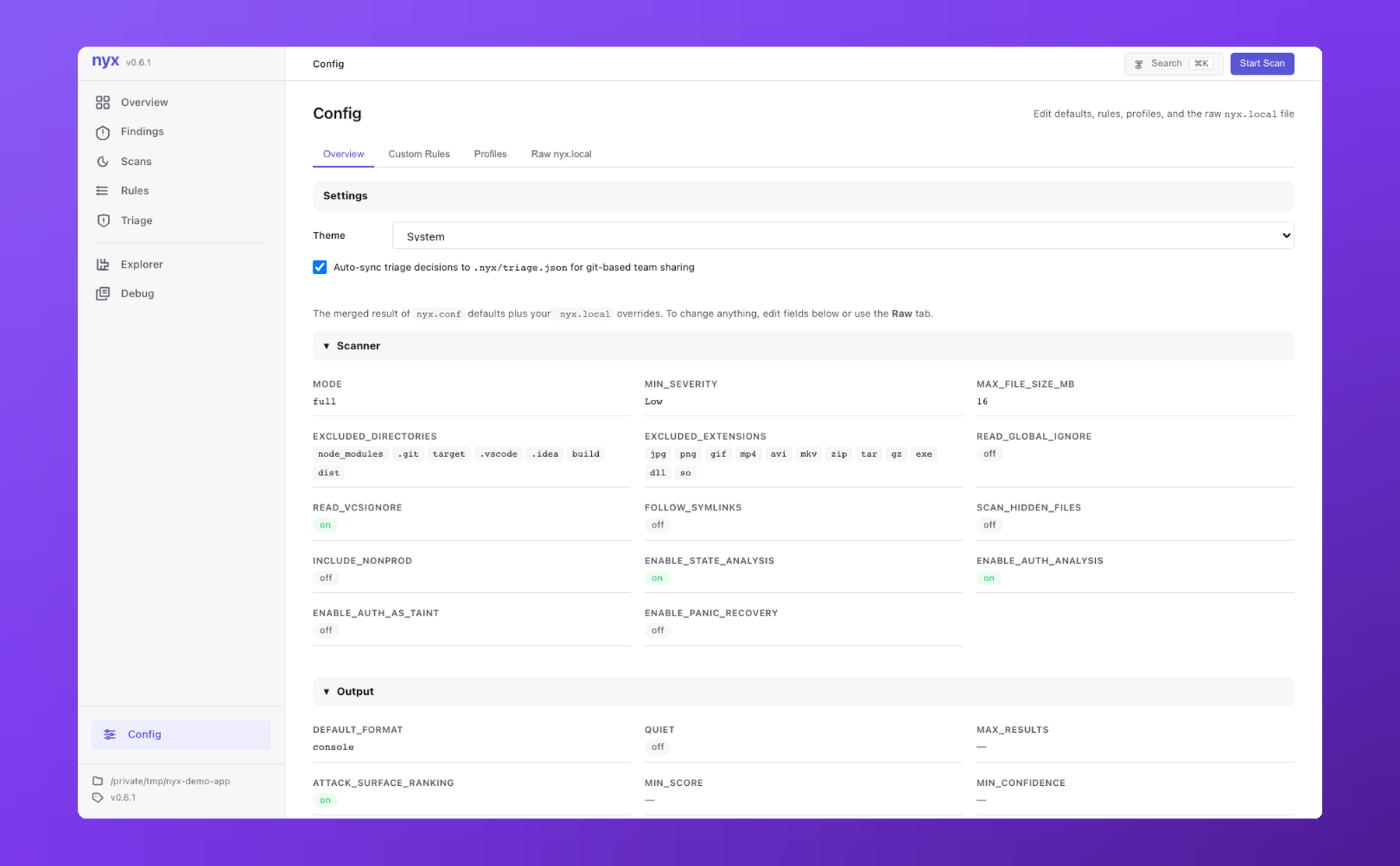 Nyx config page: General settings, Triage Sync toggle, Sources panel with language/matcher/capability dropdowns and a per-language matcher table