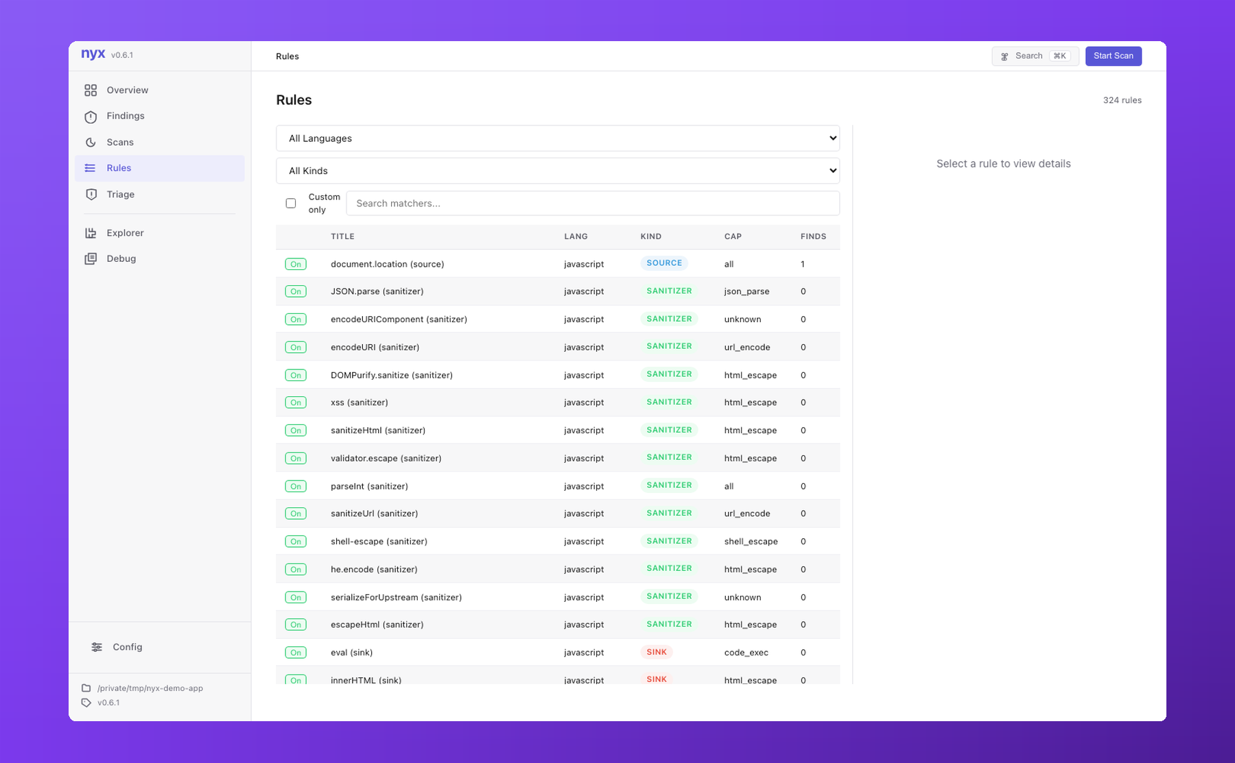 Nyx Rules page: filterable list of 218 rules with language, kind (SOURCE/SANITIZER/SINK), capability, and finding count columns