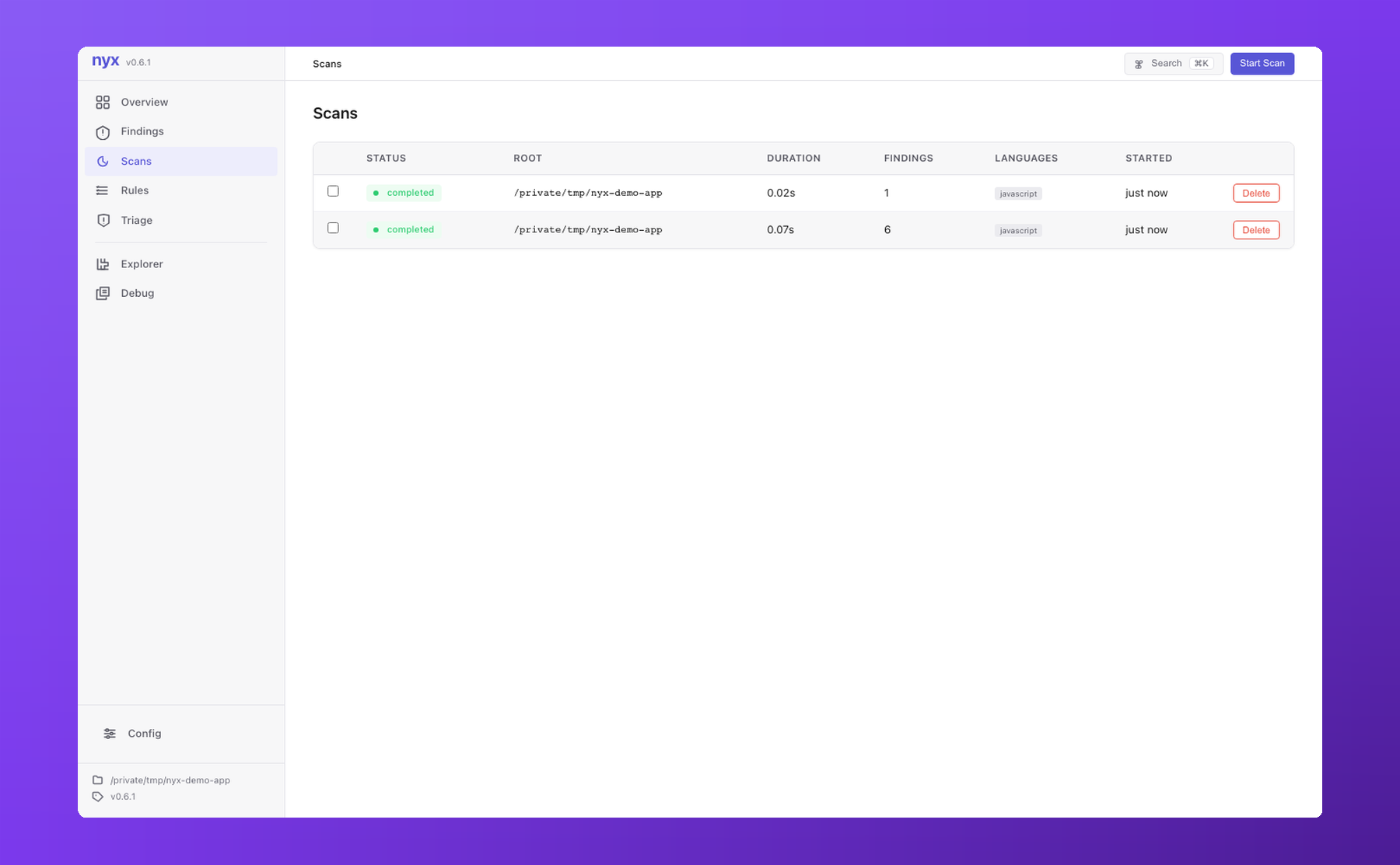 Nyx scans list: completed scan run with root, duration, finding count, languages, and started timestamp
